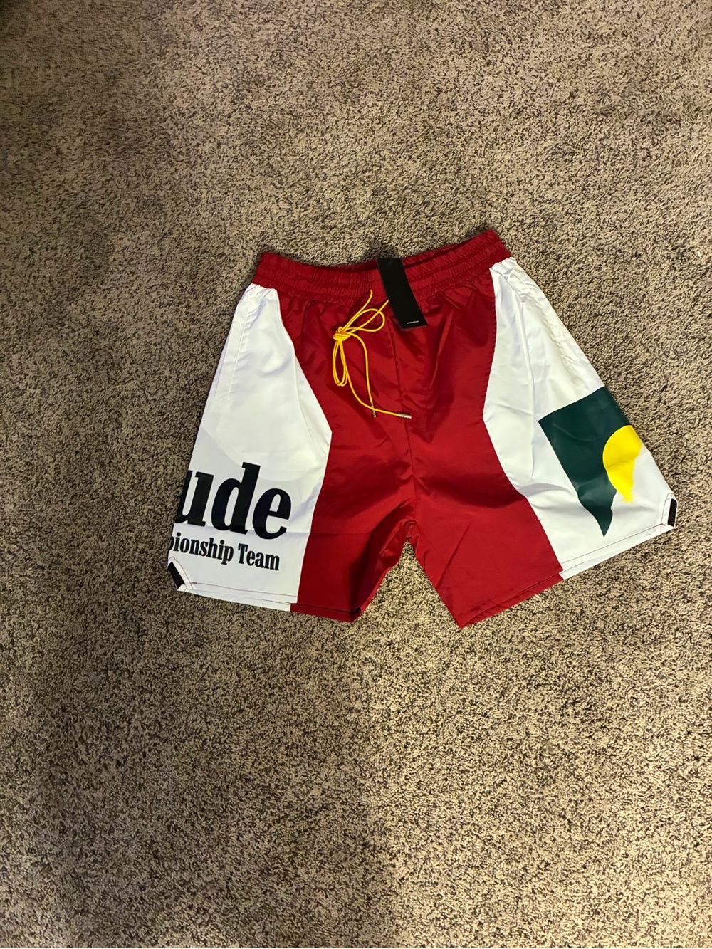 Rhude Red White Graphic Athletic Shorts with Yellow Drawcord